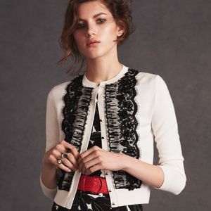 ◇*$1,890 NEW OSCAR DE LA RENTA WOOL SILK LACE WHITE BLACK CARDIGAN US M